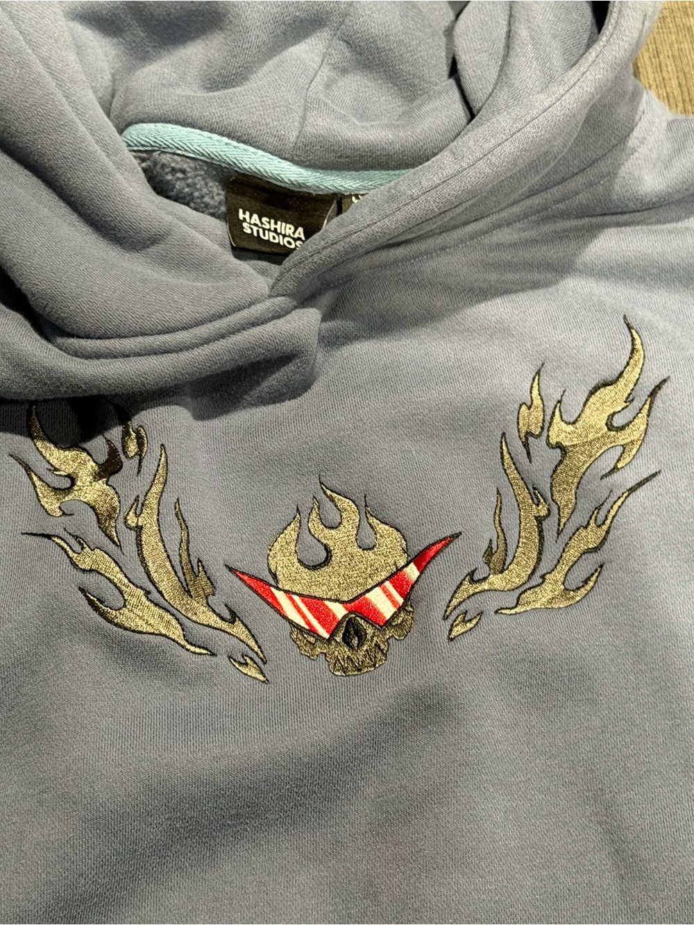 Women's Blue Graphic Hoodie with Flame Skull Embroidery